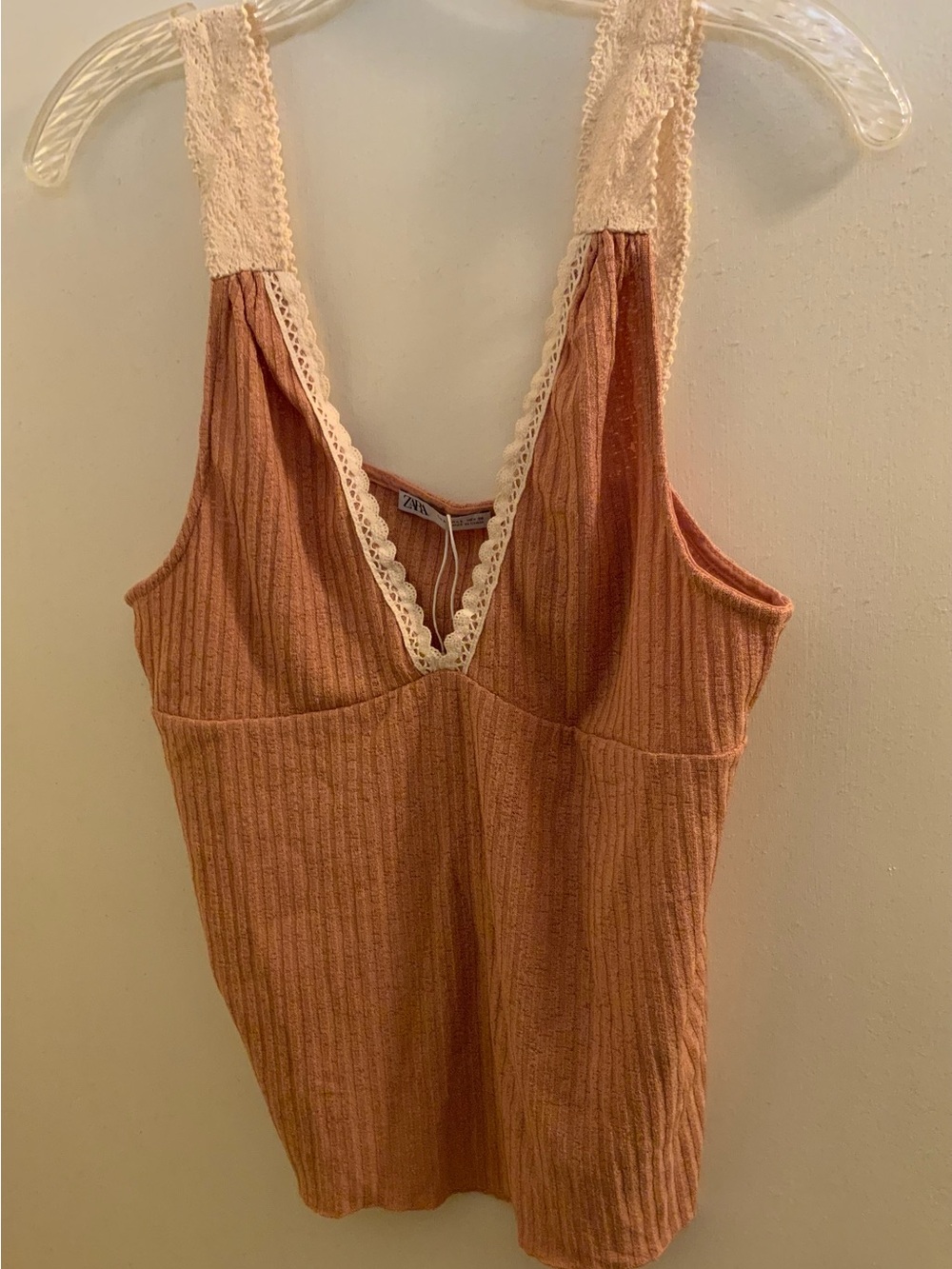 Zara Dusty Rust Ribbed Tank with Cream Lace Trim